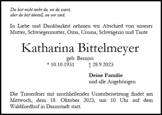 Traueranzeige von Katharina Bittelmeyer von Odenwälder Echo