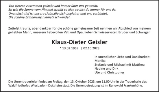 Traueranzeige von Klaus-Dieter Geisler von Wiesbadener Kurier