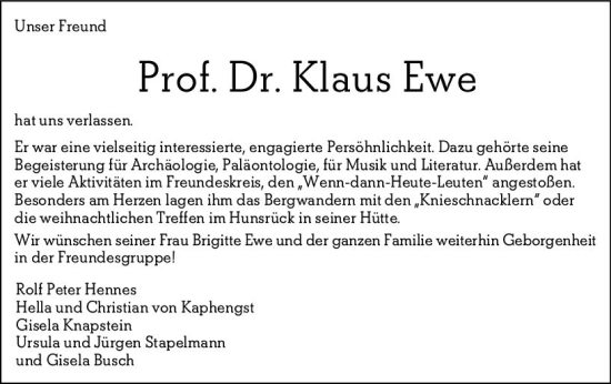Traueranzeige von Klaus Ewe von Allgemeine Zeitung Mainz
