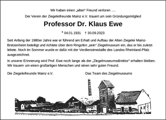 Traueranzeige von Klaus Ewe von Allgemeine Zeitung Mainz