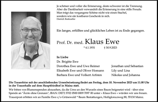 Traueranzeige von Klaus Ewe von Allgemeine Zeitung Mainz
