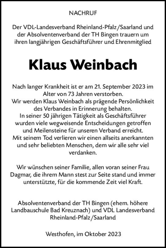 Traueranzeige von Klaus Weinbach von Wormser Zeitung