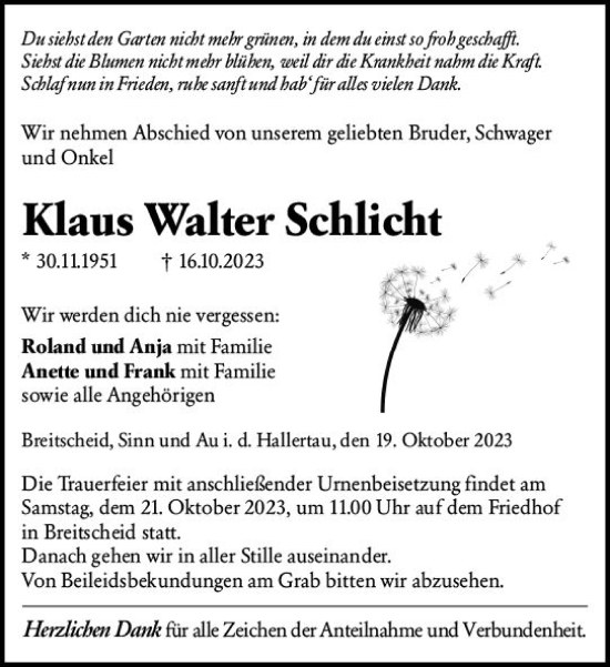 Traueranzeige von Klaus Walter Schlicht von Dill Block
