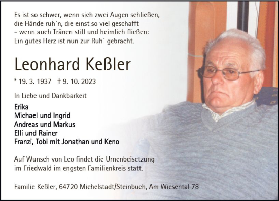 Traueranzeige von Leonhard Keßler von Odenwälder Echo
