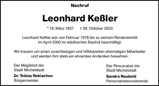 Traueranzeige von Leonhard Keßler von Odenwälder Echo