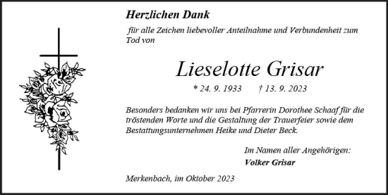 Traueranzeige von Lieselotte Grisar von Dill Block