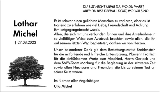 Traueranzeige von Lothar Michel von Hinterländer Anzeiger