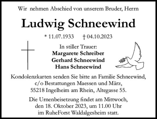 Traueranzeige von Ludwig Schneewind von Allgemeine Zeitung Bingen/Ingelheim