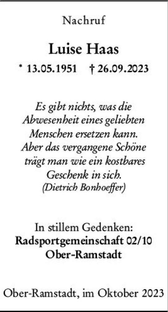 Traueranzeige von Luise Haas von Darmstädter Echo