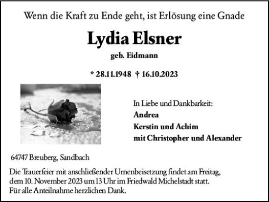Traueranzeige von Lydia Elsner von Odenwälder Echo