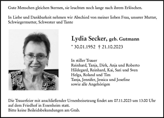 Traueranzeige von Lydia Secker von Allgemeine Zeitung Mainz