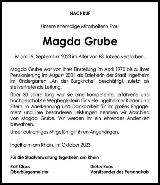 Traueranzeige von Magda Grube von Allgemeine Zeitung Bingen/Ingelheim