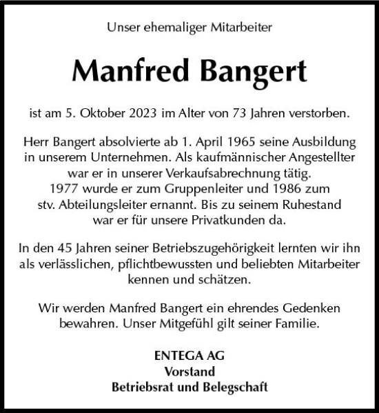 Traueranzeige von Manfred Bangert von Odenwälder Echo