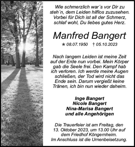 Traueranzeige von Manfred Bangert von Allgemeine Zeitung Mainz