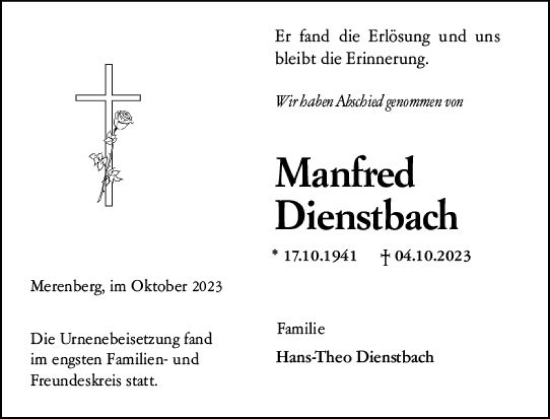 Traueranzeige von Manfred Dienstbach von Weilburger Tageblatt