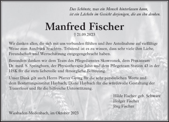 Traueranzeige von Manfred Fischer von Wiesbadener Kurier