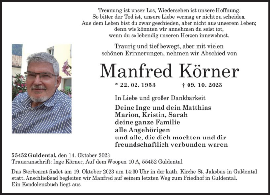 Traueranzeige von Manfred Körner von Allgemeine Zeitung Bad Kreuznach