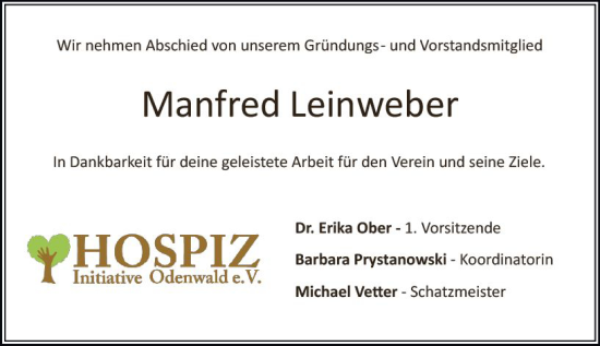 Traueranzeige von Manfred Leinweber von Odenwälder Echo