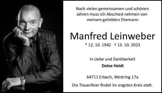 Traueranzeige von Manfred Leinweber von Odenwälder Echo