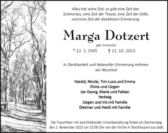 Traueranzeige von Marga Dotzert von VRM Trauer