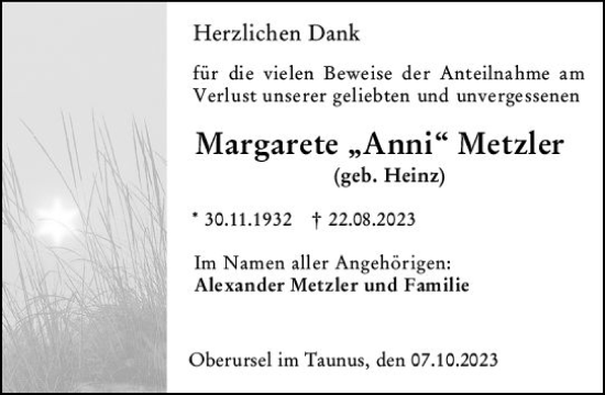 Traueranzeige von Margarete Metzler von Darmstädter Echo