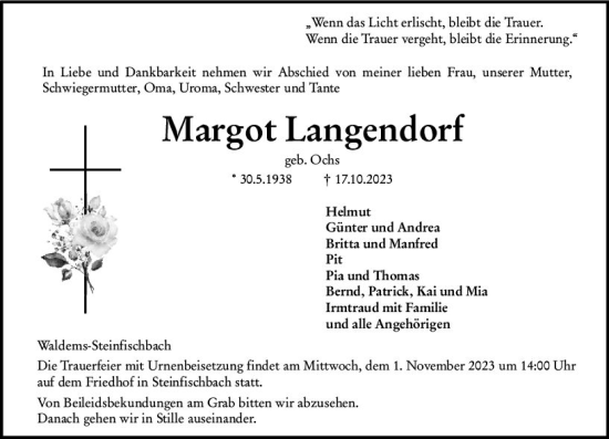 Traueranzeige von Margot Langendorf von Camberger Anzeiger