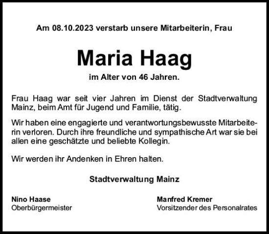 Traueranzeige von Maria Haag von Allgemeine Zeitung Mainz