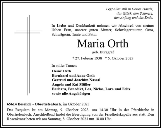 Traueranzeige von Maria Orth von Nassauische Neue Presse