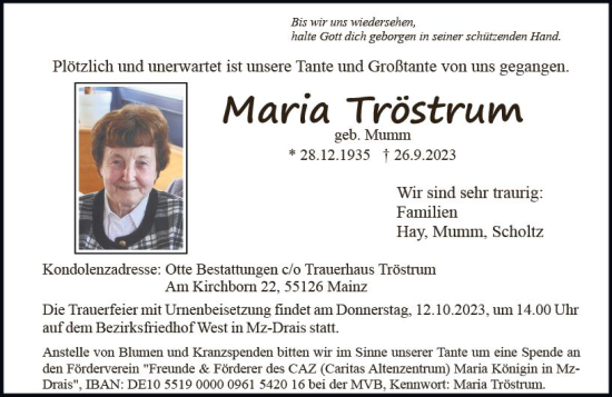 Traueranzeige von Maria Tröstrum von Allgemeine Zeitung Mainz