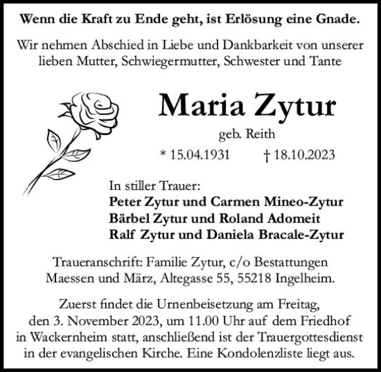 Traueranzeige von Maria Zytur von Allgemeine Zeitung Mainz