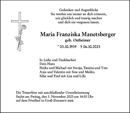 Traueranzeige von Maria Franziska Manetsberger von Darmstädter Echo