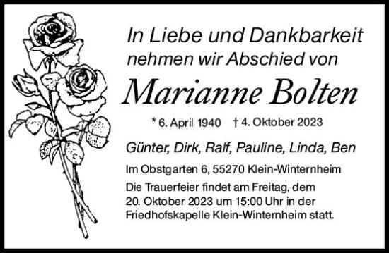 Traueranzeige von Marianne Bolten von Allgemeine Zeitung Mainz