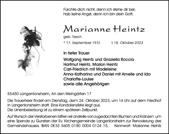 Traueranzeige von Marianne Heintz von Allgemeine Zeitung Bad Kreuznach