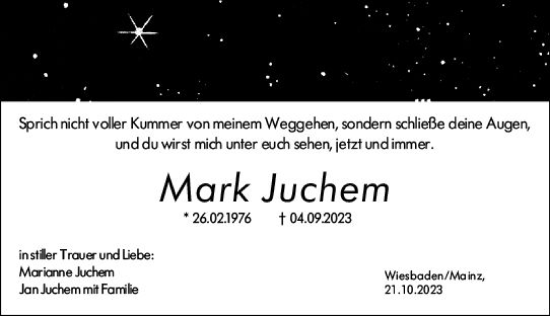 Traueranzeige von Mark Juchem von Allgemeine Zeitung Mainz