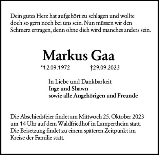 Traueranzeige von Markus Gaa von Starkenburger Echo