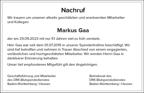 Traueranzeige von Markus Gaa von Starkenburger Echo