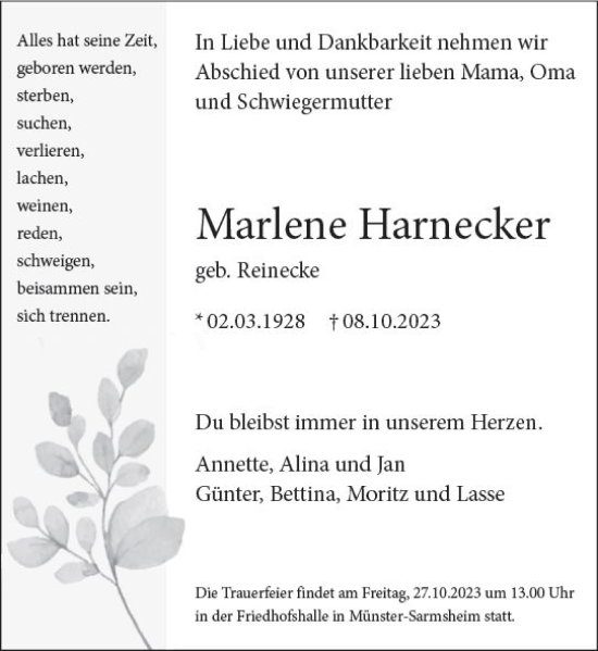 Traueranzeige von Marlene Harnecker von Allgemeine Zeitung Bad Kreuznach