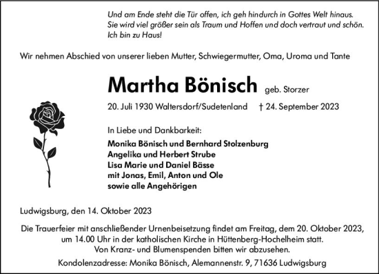Traueranzeige von Martha Bönisch von Wetzlarer Neue Zeitung