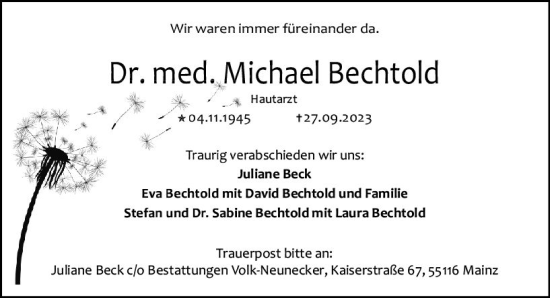 Traueranzeige von Michael Bechtold von Allgemeine Zeitung Mainz