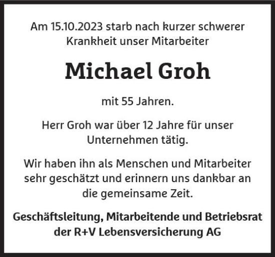 Traueranzeige von Michael Groh von Wiesbadener Kurier