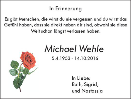 Traueranzeige von Michael Wehle von Wiesbadener Kurier