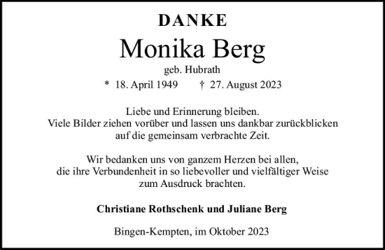 Traueranzeige von Monika Berg von Bingen/Ingelheim WOBL inkl. Neue Binger Ztg.
