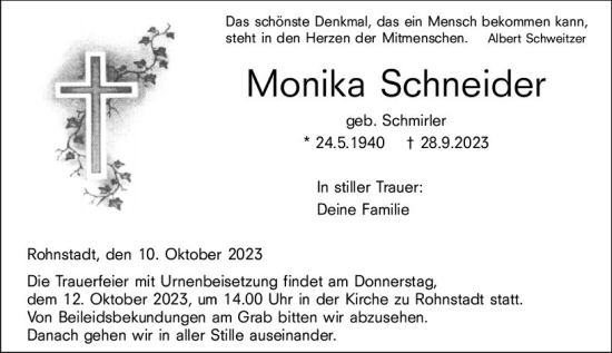 Traueranzeige von Monika Schneider von Weilburger Tageblatt