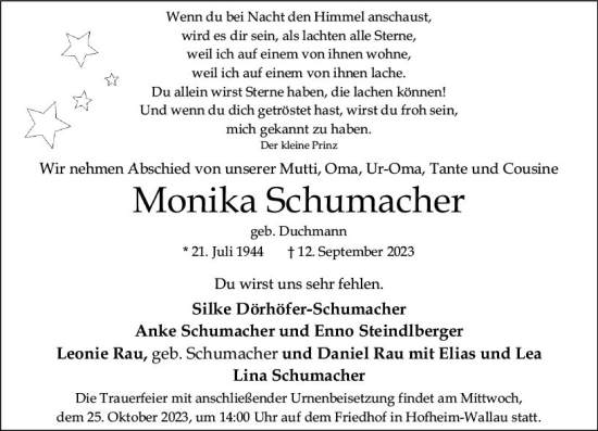 Traueranzeige von Monika Schumacher von Wiesbadener Kurier
