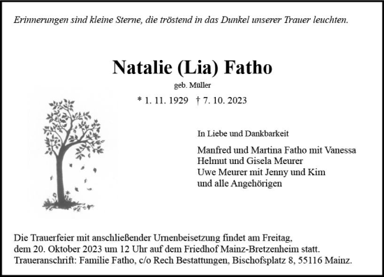 Traueranzeige von Natalie  Fatho von Allgemeine Zeitung Mainz