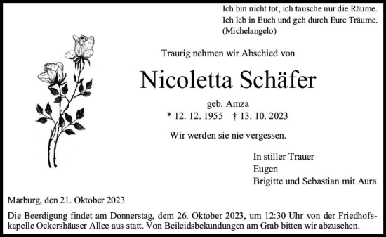 Traueranzeige von Nicoletta Schäfer von Hinterländer Anzeiger