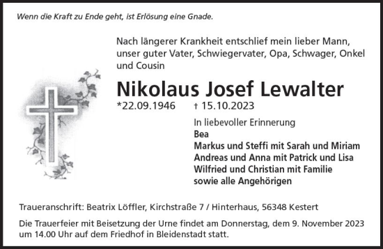 Traueranzeige von Nikolaus  Lewalter von Idsteiner Land/Untertaunus