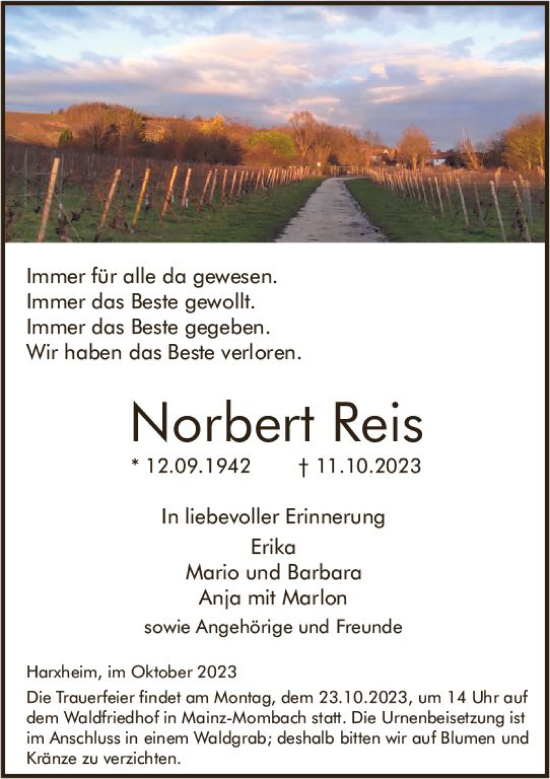 Traueranzeige von Norbert Reis von Allgemeine Zeitung Mainz