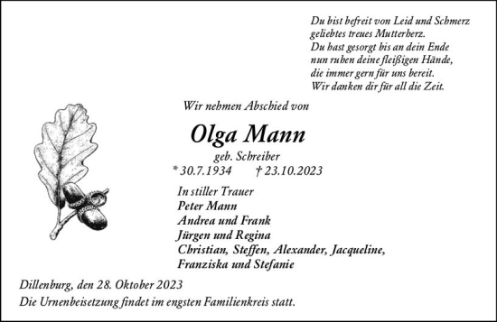 Traueranzeige von Olga Mann von Dill Block