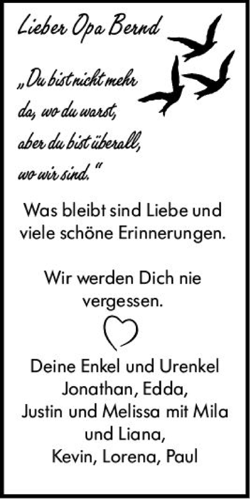 Traueranzeige von Opa Bernd  von VRM Trauer